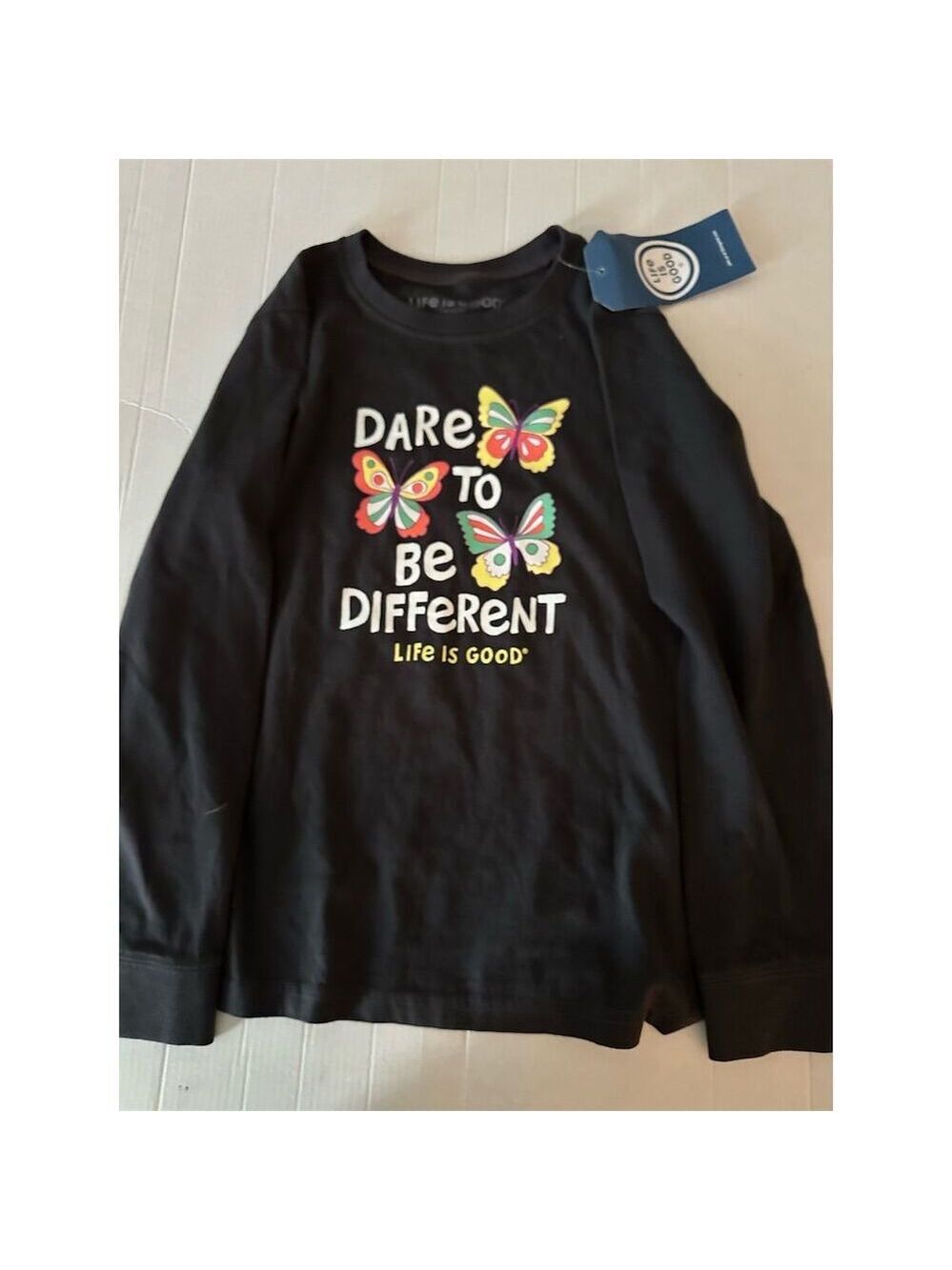 Life is Good Kids Black Long Sleeve T-Shirt L Butterflies Graphic